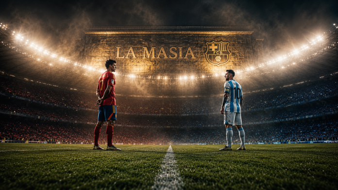 Lionel Messi of Argentina and Lamine Yamal of Spain face each other ahead of the 2026 FIFA World Cup Final, highlighting nine La Masia graduates in a historic Barcelona academy reunion