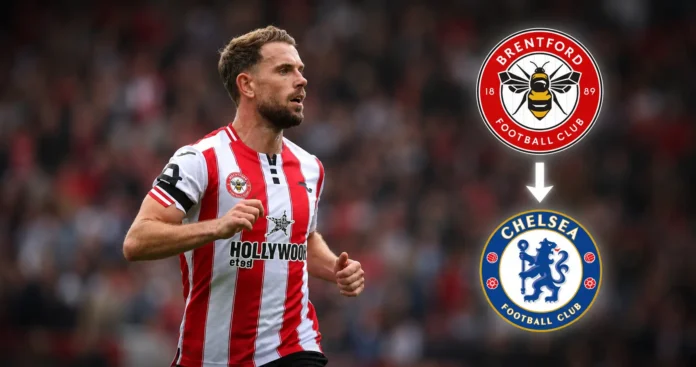 Jordan Henderson in a Brentford shirt with Brentford and Chelsea logos connected by a transfer arrow, representing Chelsea's reported interest in signing the England midfielder on a free transfer.