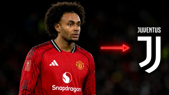 Joshua Zirkzee in a Manchester United shirt with an arrow pointing toward the Juventus logo, representing transfer rumours between Manchester United and Juventus.