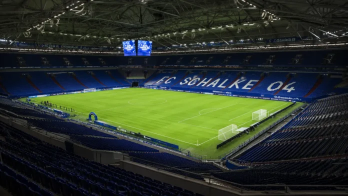 Wide-angle view of Schalke's Veltins-Arena in Gelsenkirchen ahead of the 25th anniversary friendly match against Real Madrid.