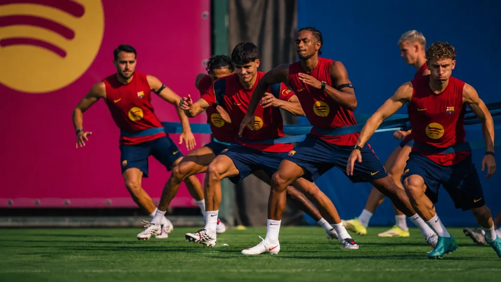 Barcelona players during an intense training session ahead of their FC Basel pre-season friendly