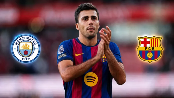Rodri Barcelona transfer news with Manchester City and Barcelona crests as the World Cup-winning midfielder is linked with a potential move from Manchester City to Barcelona.