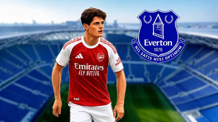 Christian Norgaard in an Arsenal shirt next to the Everton club crest, illustrating Everton's agreement to sign the midfielder in the 2026 summer transfer window.