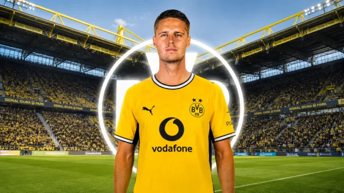 Joey Veerman pictured in Borussia Dortmund shirt at Signal Iduna Park ahead of his €22 million transfer from PSV