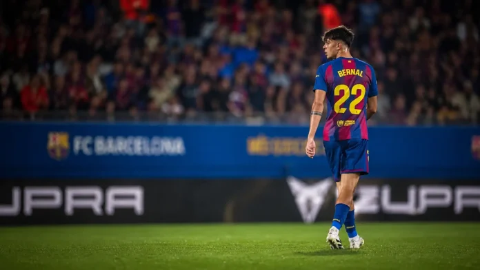 Marc Bernal in Barcelona kit during a match as Aston Villa prepare a reported £30m transfer bid.