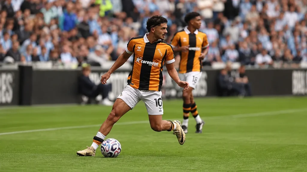 Hull City number 10 dribbles the ball during the Premier League match against Chelsea at Stamford Bridge.