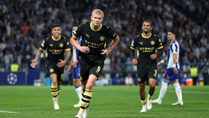 Erling Haaland celebrates after scoring for Manchester City against Porto in the Champions League.