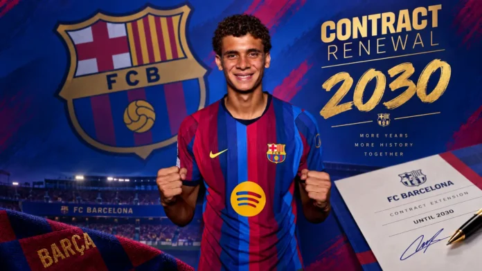 Hamza Abdelkarim celebrates after signing a new Barcelona contract until 2030.